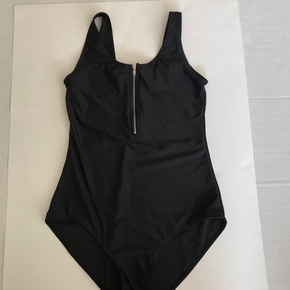 Black one piece swimsuit zipper front size m